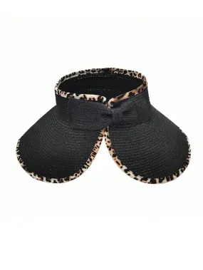 1pc Women's Leopard Print Border Summer Hat Foldable Roll Up Soft Beach Hat Straw Hat Travel, Seaside, Portable Bow