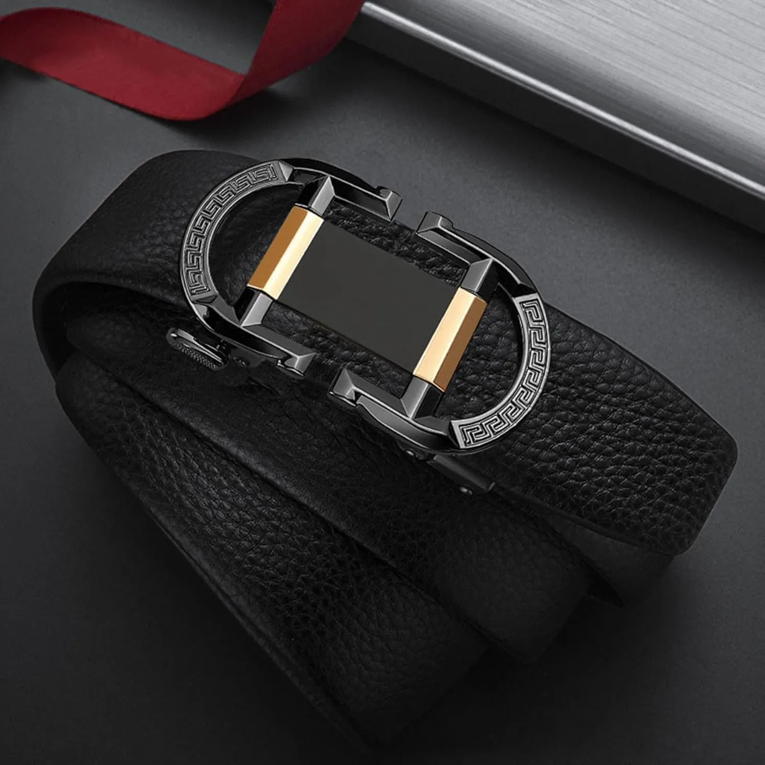 2-Pack Belt Automatic Buckle Belt Men Ratchet Adjustable Men's Belt Premium Cowhide Belts Mens for Dress and Casual Belt