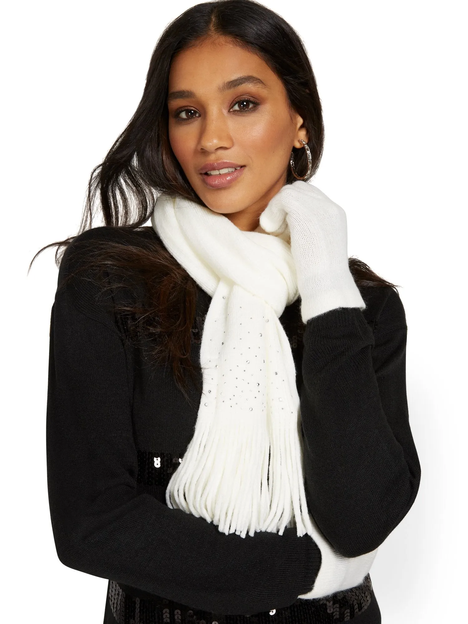 2-Piece Rhinestone-Studded Scarf & Gloves Set