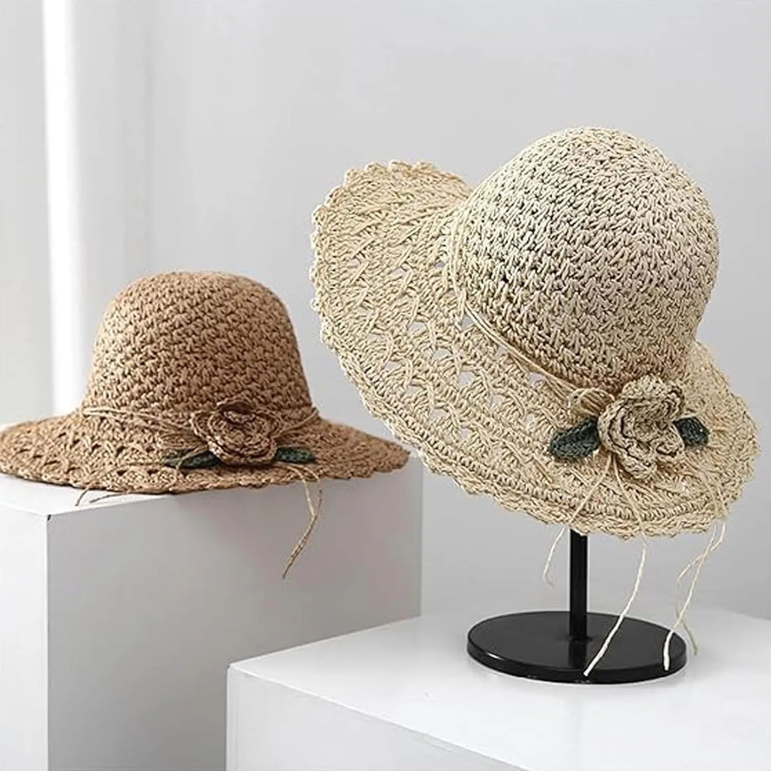 2025 Aviationp Elegant Crochet Straw Hat with Ruffle Detail - Foldable Wide Brim Sun Hat Handwoven for Travel