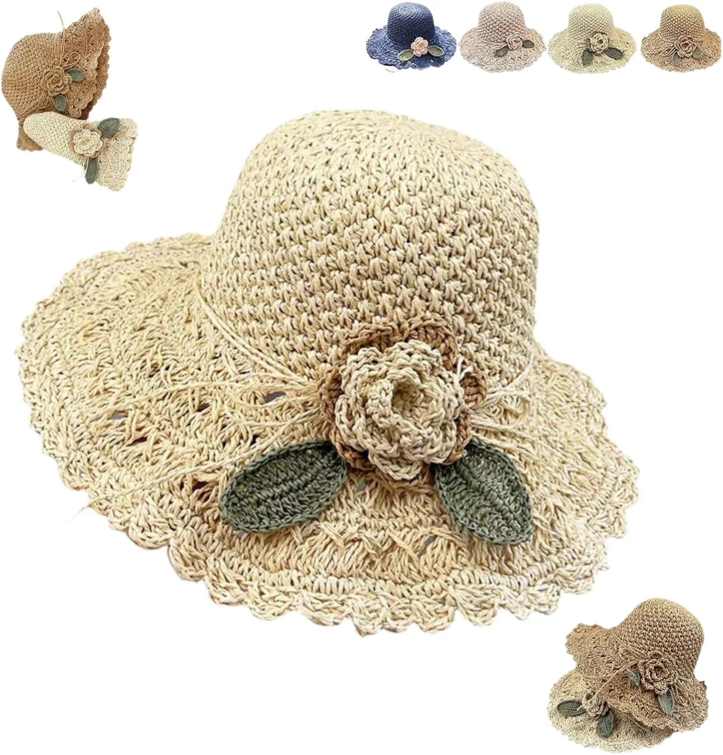2025 Aviationp Elegant Crochet Straw Hat with Ruffle Detail - Foldable Wide Brim Sun Hat Handwoven for Travel