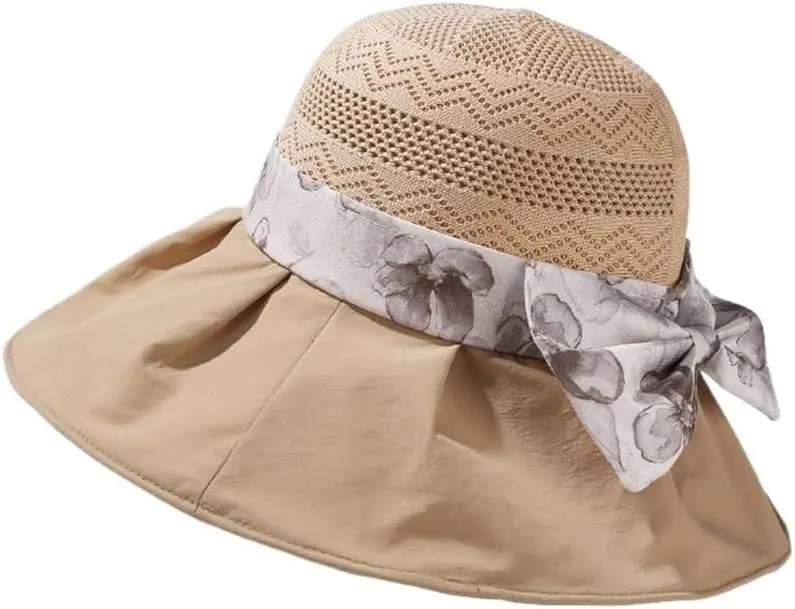 2025 Women's Elegant Bow Sun Hat Wide Brim UV Protection Visor Hat Foldable Bucket Hats Summer Beach Garden Caps