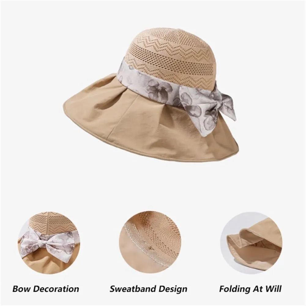 2025 Women's Elegant Bow Sun Hat Wide Brim UV Protection Visor Hat Foldable Bucket Hats Summer Beach Garden Caps