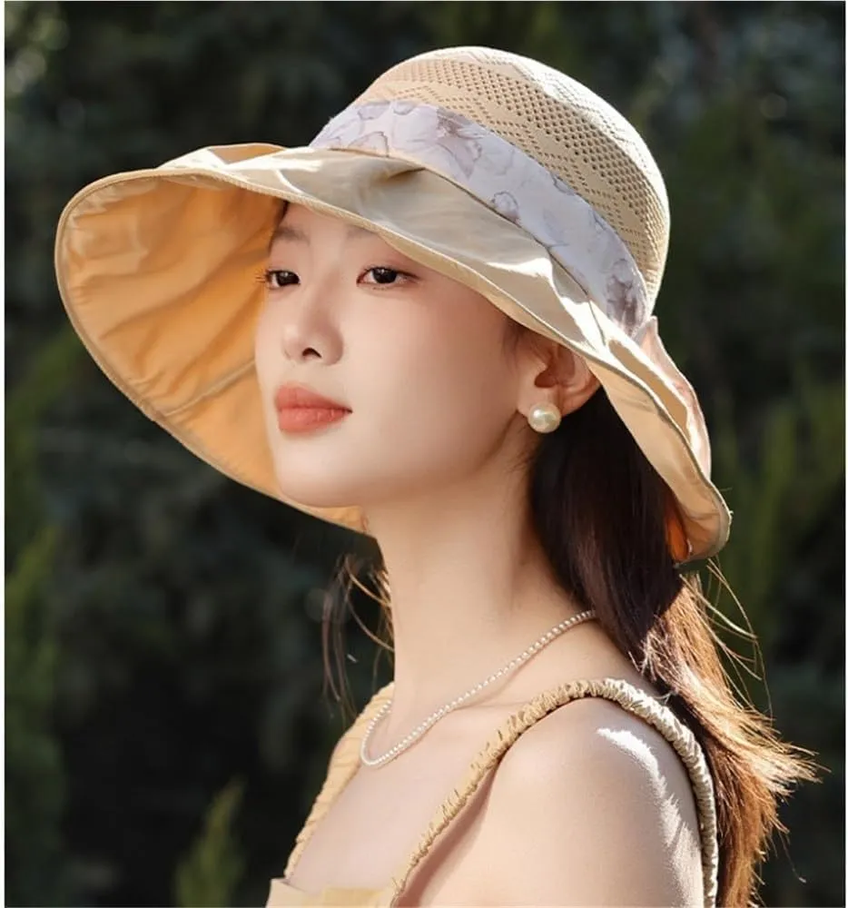2025 Women's Elegant Bow Sun Hat Wide Brim UV Protection Visor Hat Foldable Bucket Hats Summer Beach Garden Caps