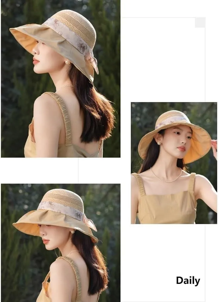 2025 Women's Elegant Bow Sun Hat Wide Brim UV Protection Visor Hat Foldable Bucket Hats Summer Beach Garden Caps
