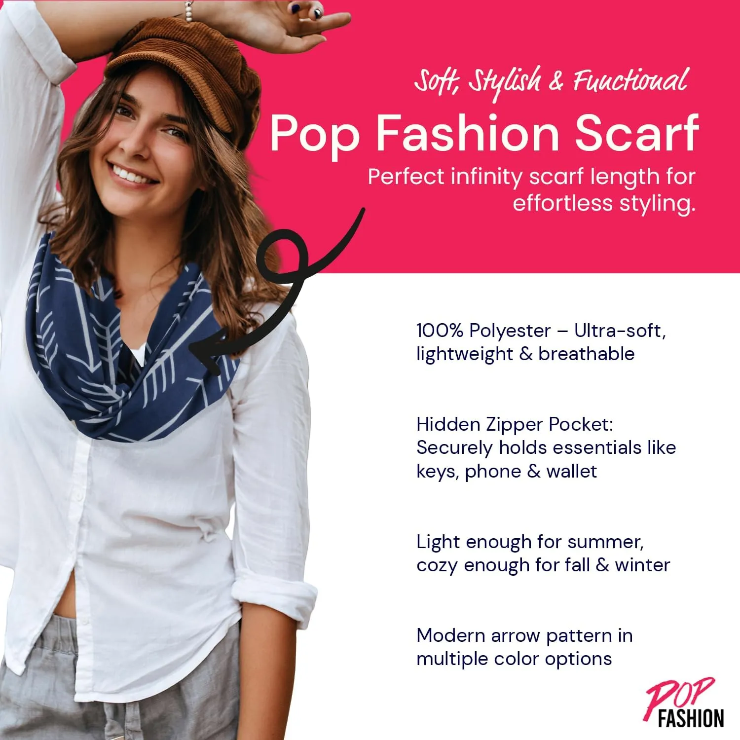 Arrow Pattern Infinity Scarf for Women - Travel Scarf with Hidden Zipper Pocket - All Seasons