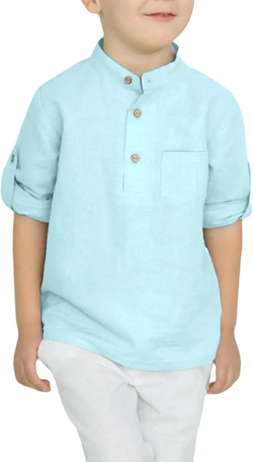 Arshiner Boys Cotton Linen Henley Shirt Button Down Shirt Long Sleeve T Shirt Beach Shirt Tee Casual Solid Tops
