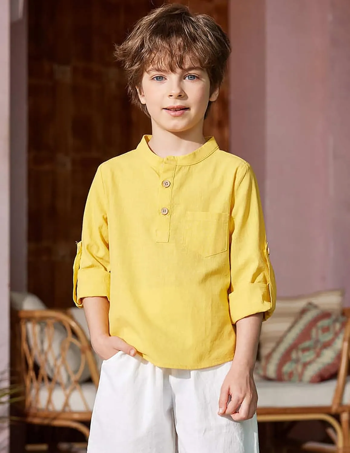 Arshiner Boys Cotton Linen Henley Shirt Button Down Shirt Long Sleeve T Shirt Beach Shirt Tee Casual Solid Tops