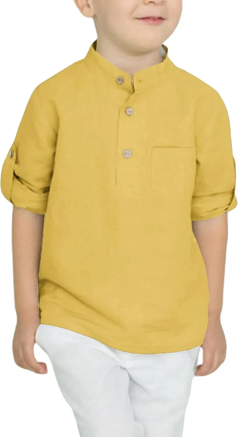 Arshiner Boys Cotton Linen Henley Shirt Button Down Shirt Long Sleeve T Shirt Beach Shirt Tee Casual Solid Tops