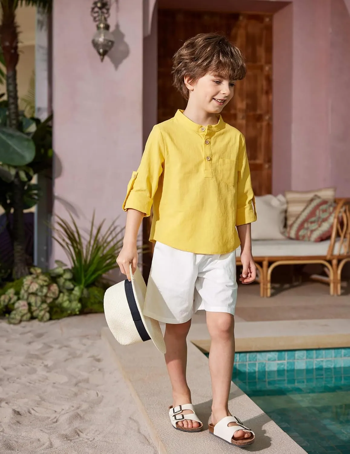 Arshiner Boys Cotton Linen Henley Shirt Button Down Shirt Long Sleeve T Shirt Beach Shirt Tee Casual Solid Tops