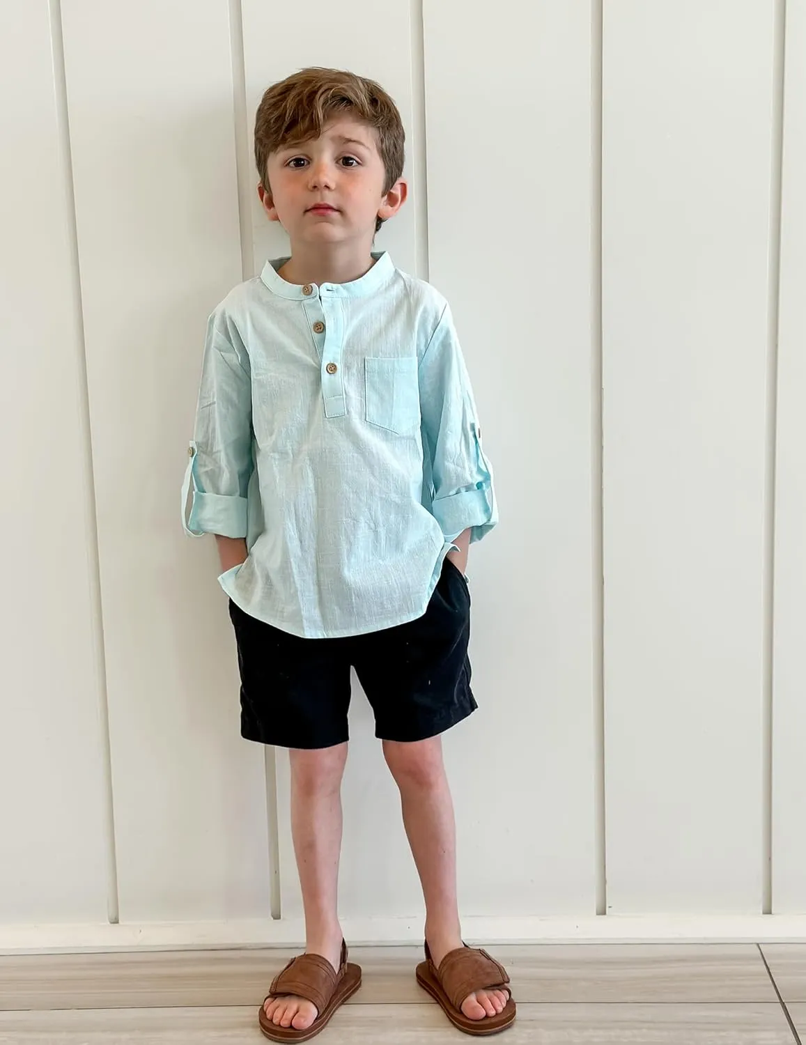 Arshiner Boys Cotton Linen Henley Shirt Button Down Shirt Long Sleeve T Shirt Beach Shirt Tee Casual Solid Tops