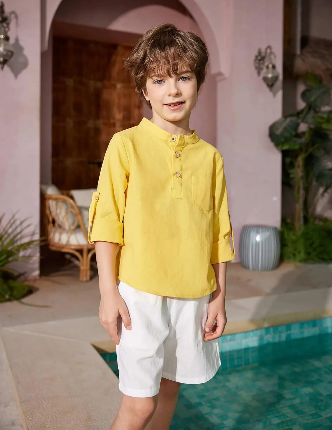 Arshiner Boys Cotton Linen Henley Shirt Button Down Shirt Long Sleeve T Shirt Beach Shirt Tee Casual Solid Tops