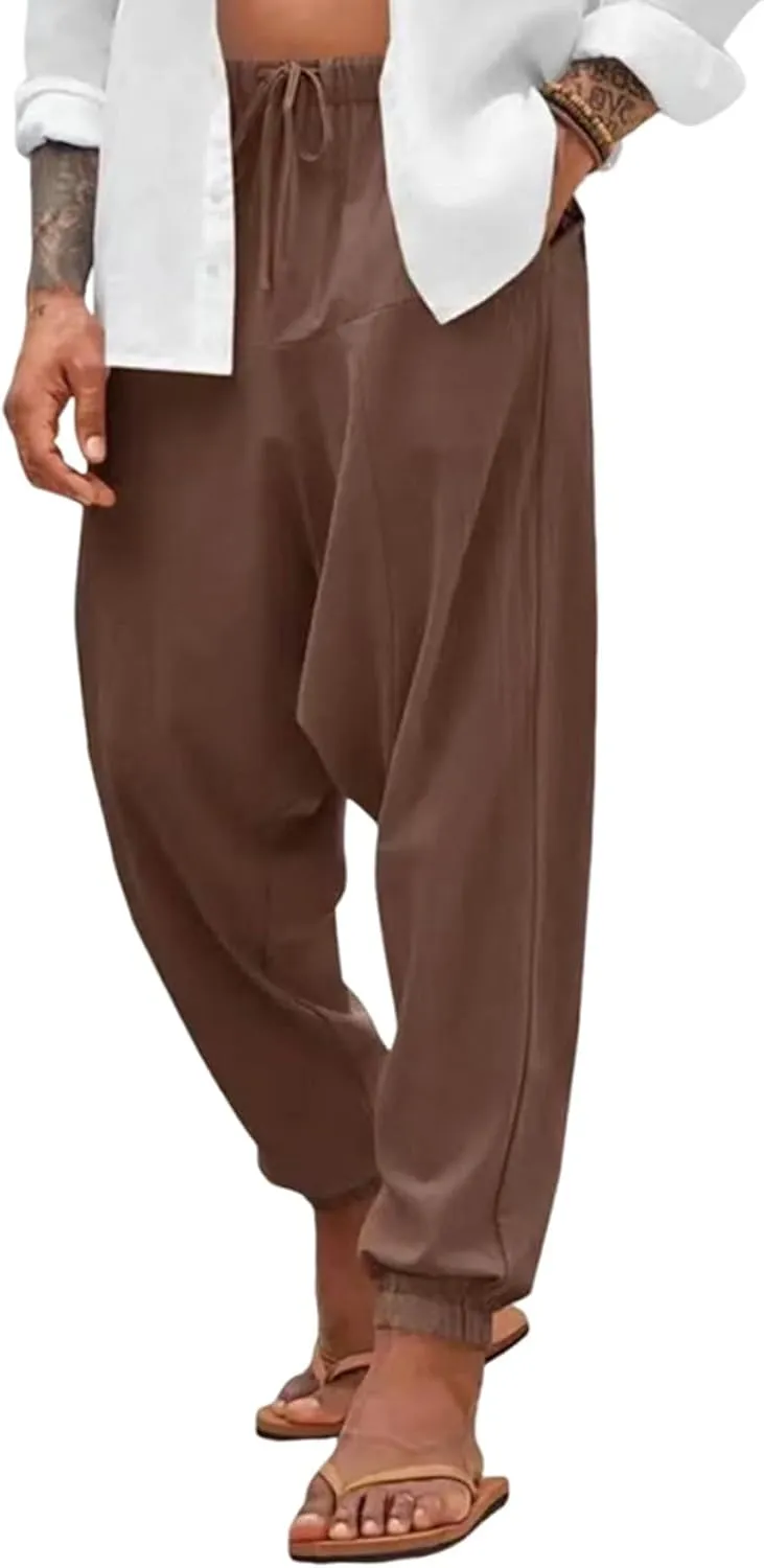 Baggy Harem Pants Men Linen Summer Hippie Pants Elastic Waist Beach Pants Drawstring Boho Holiday Flowy Pants with Pockets