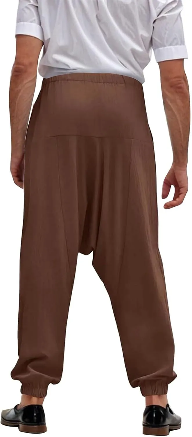 Baggy Harem Pants Men Linen Summer Hippie Pants Elastic Waist Beach Pants Drawstring Boho Holiday Flowy Pants with Pockets