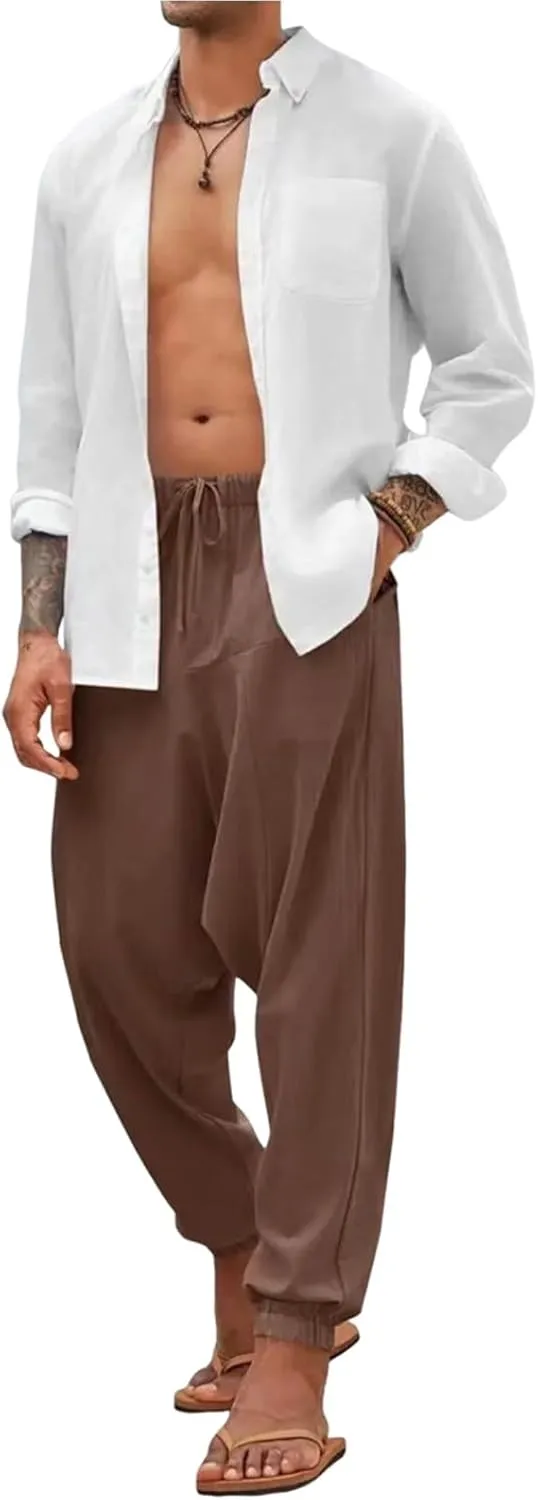 Baggy Harem Pants Men Linen Summer Hippie Pants Elastic Waist Beach Pants Drawstring Boho Holiday Flowy Pants with Pockets