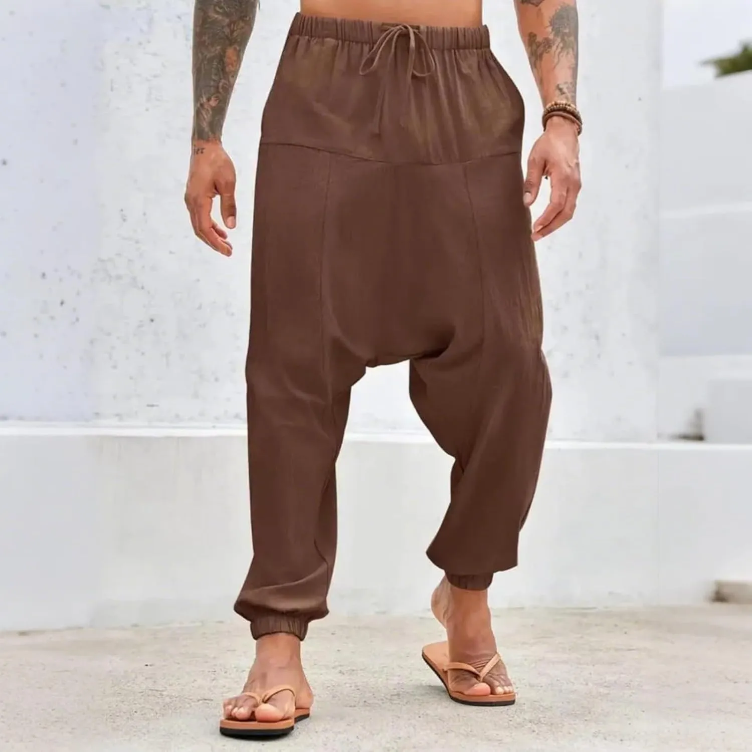 Baggy Harem Pants Men Linen Summer Hippie Pants Elastic Waist Beach Pants Drawstring Boho Holiday Flowy Pants with Pockets