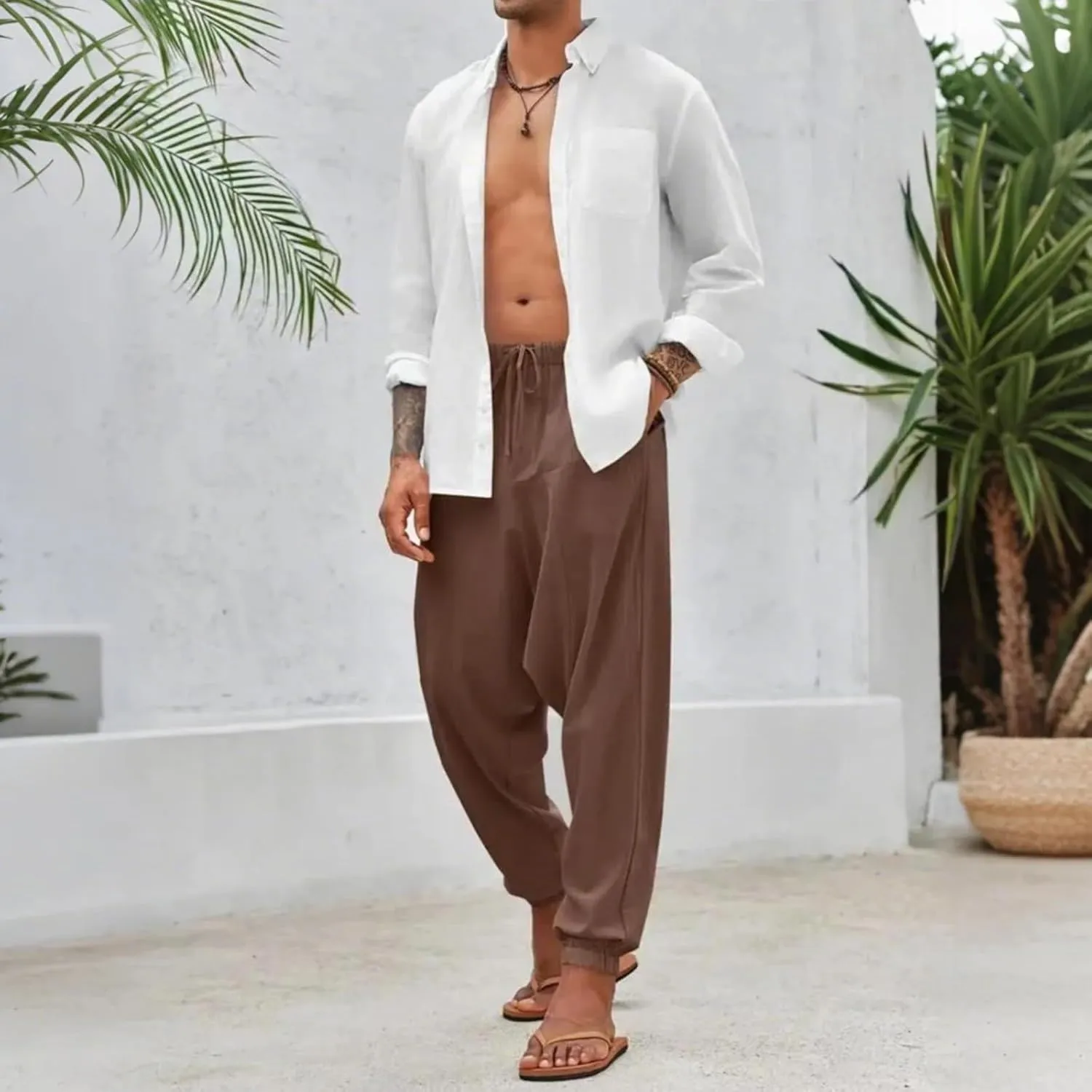 Baggy Harem Pants Men Linen Summer Hippie Pants Elastic Waist Beach Pants Drawstring Boho Holiday Flowy Pants with Pockets
