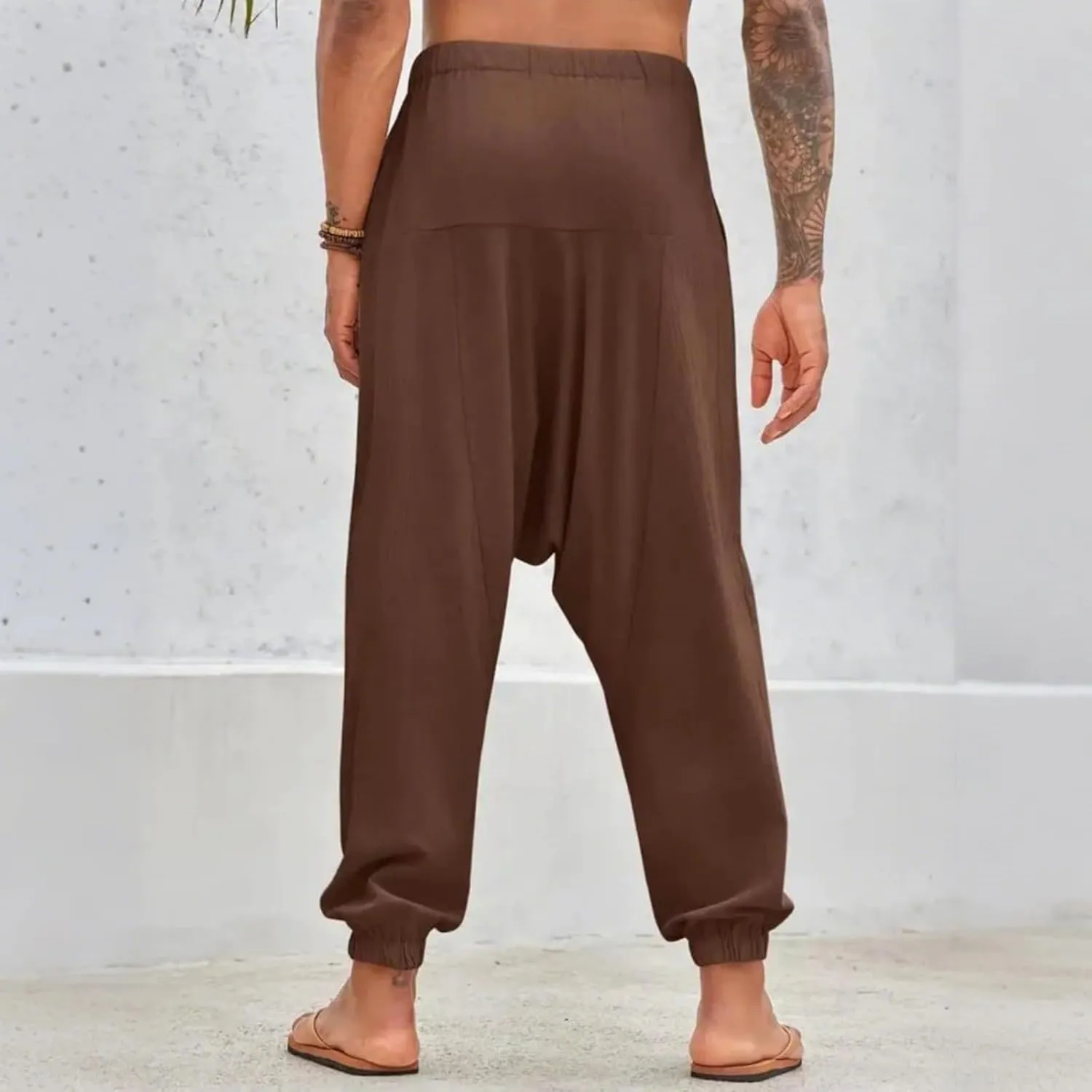 Baggy Harem Pants Men Linen Summer Hippie Pants Elastic Waist Beach Pants Drawstring Boho Holiday Flowy Pants with Pockets