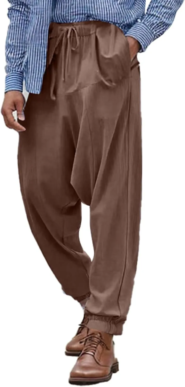 Baggy Harem Pants Men Linen Summer Hippie Pants Elastic Waist Beach Pants Drawstring Boho Holiday Flowy Pants with Pockets