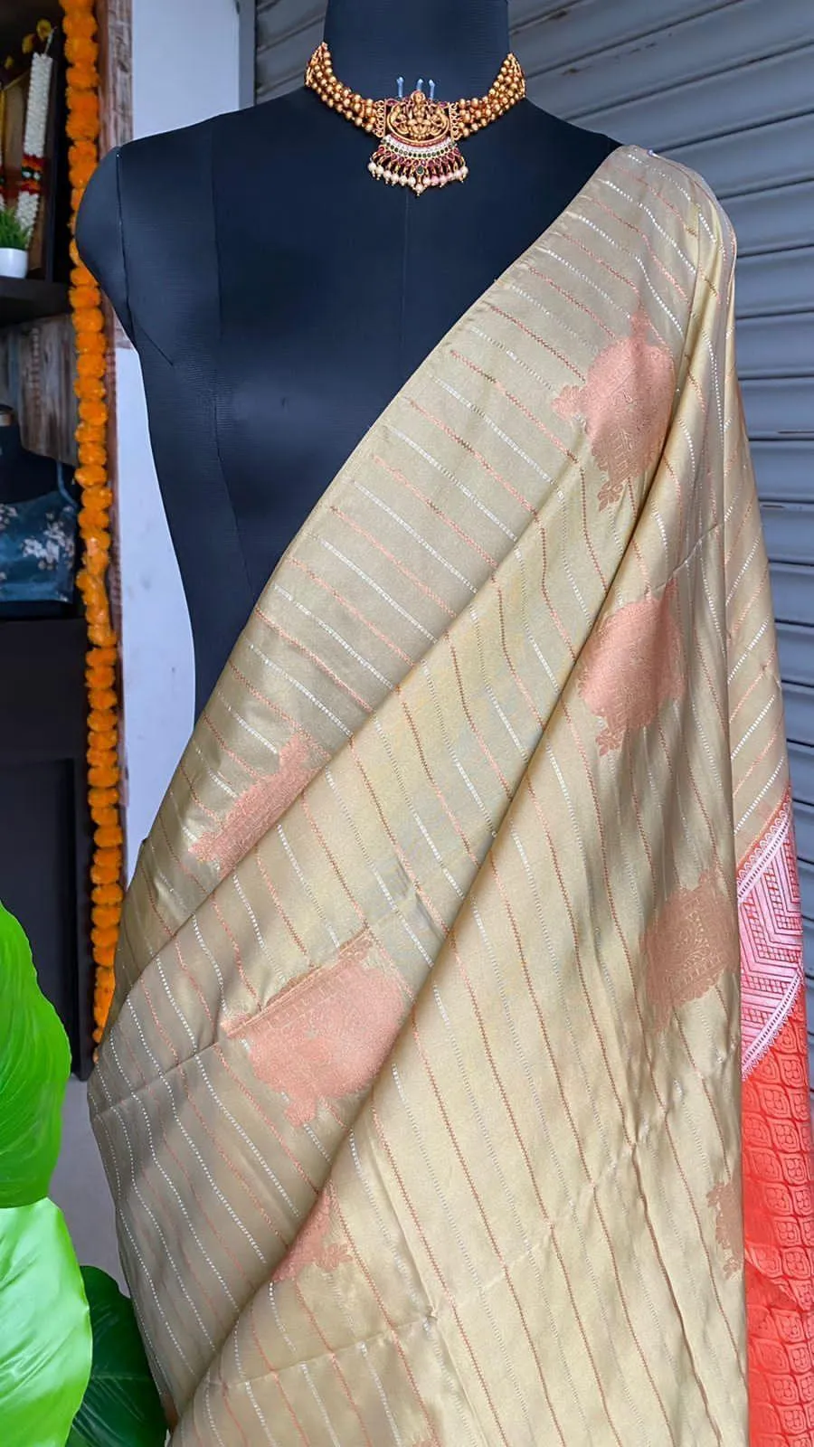 Beige and orange Silk saree with blouse
