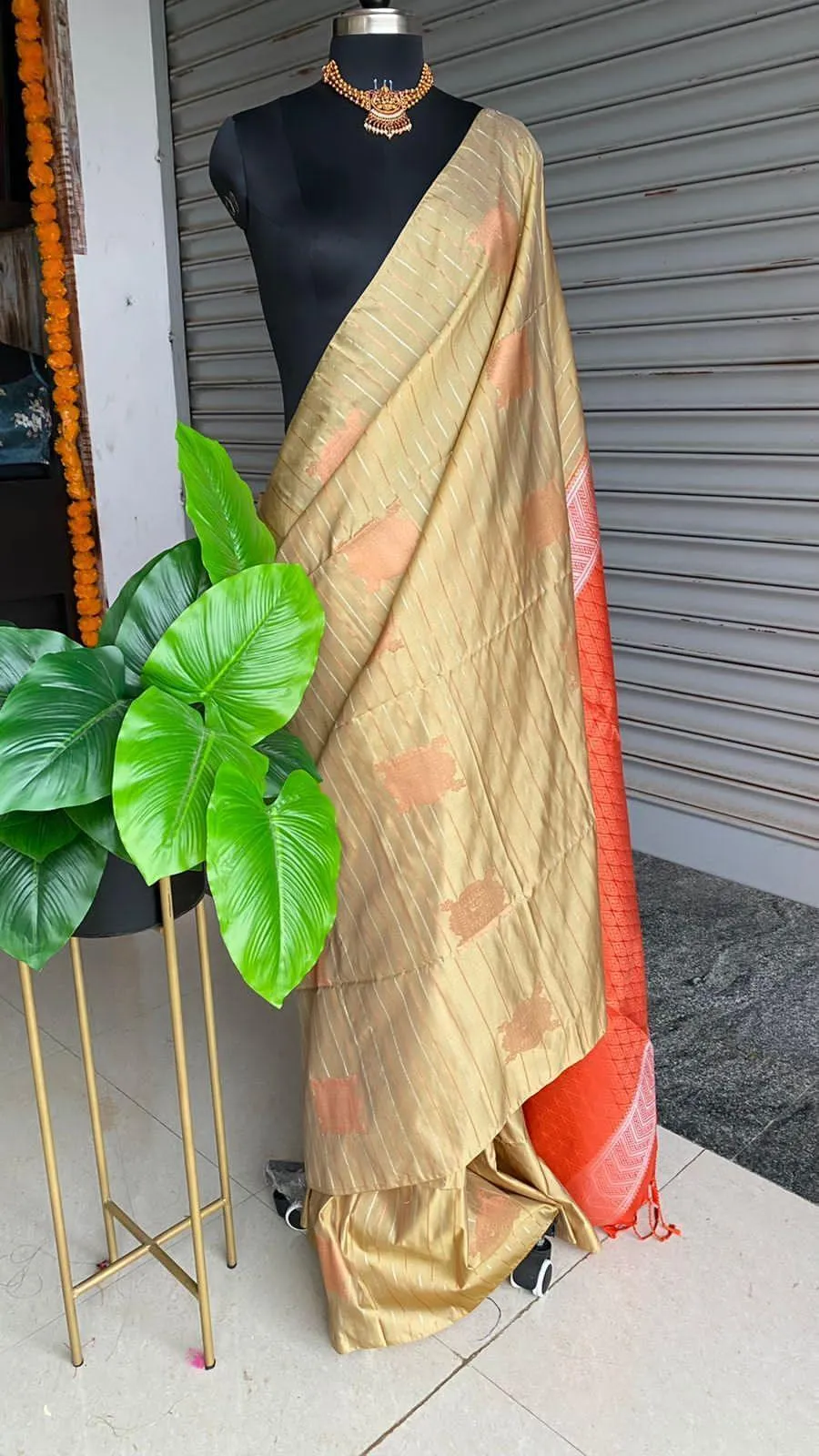 Beige and orange Silk saree with blouse