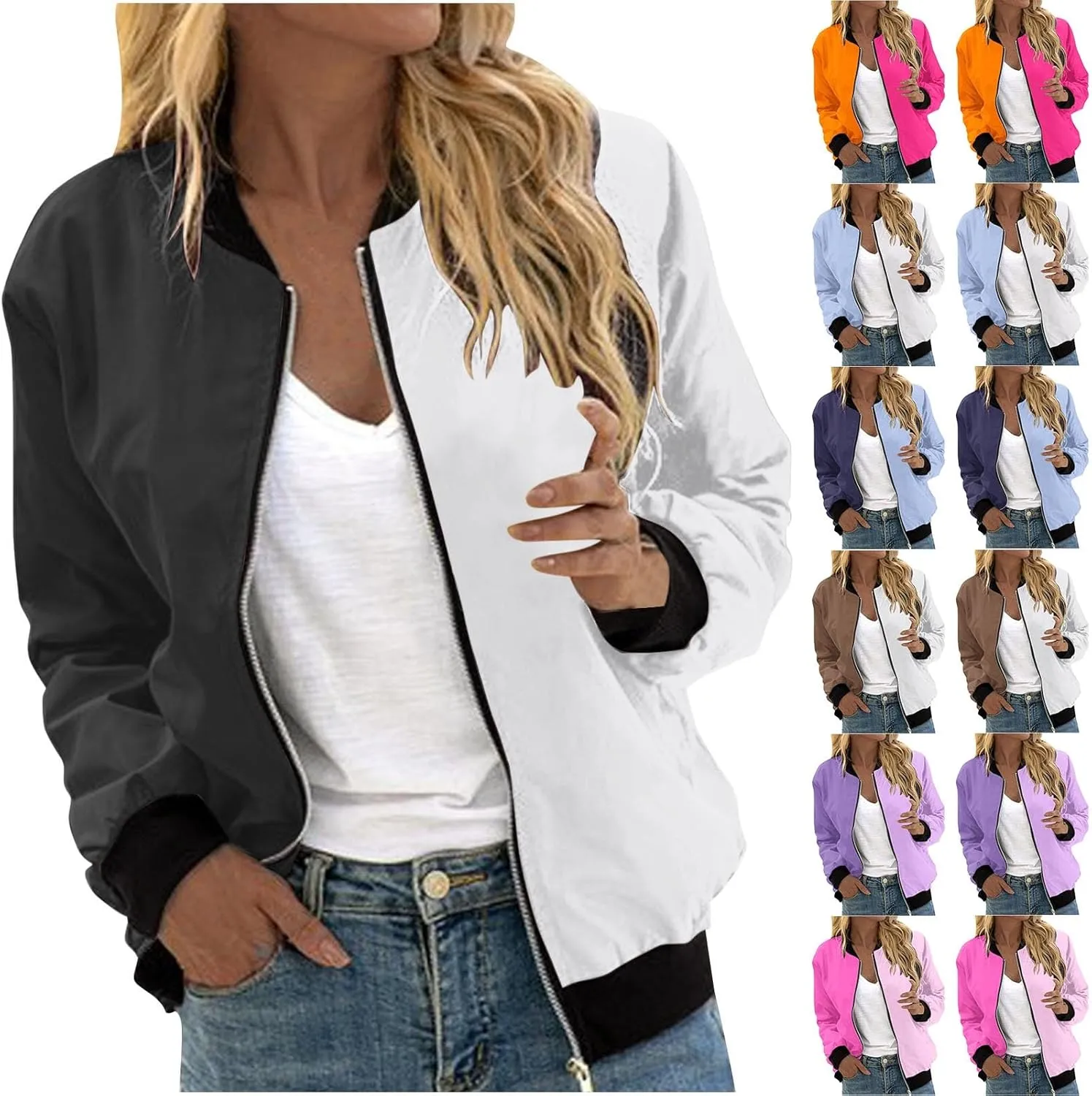 Binmer Women's Bomber Jacket Casual Zip Up Coat 2024 Fall Fashion Lightweight Outerwear Windbreaker with Pockets S-XXL