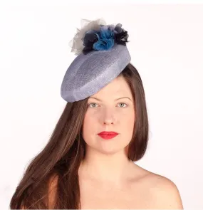 Blue dreams - light blue pearcher beret with a cluster of blue silk roses.