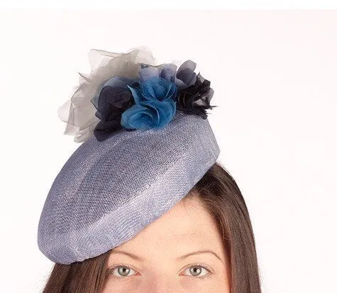 Blue dreams - light blue pearcher beret with a cluster of blue silk roses.