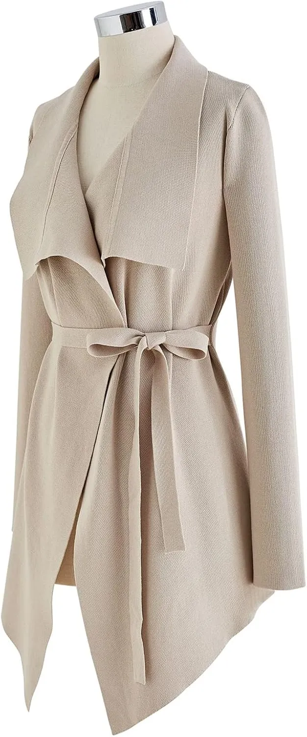 CHICWISH Women's Wide Lapel Tie Waist Knit Cardigan Coatigan Light Jacket