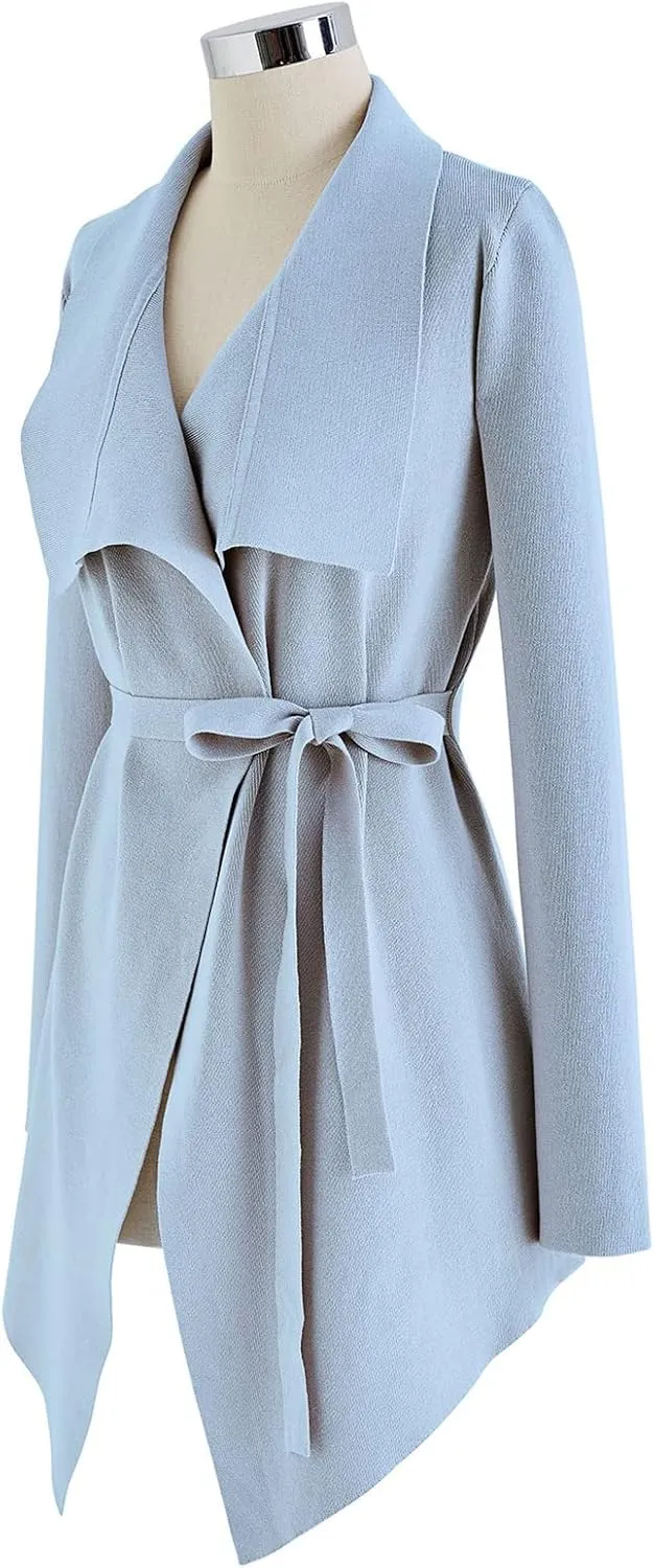 CHICWISH Women's Wide Lapel Tie Waist Knit Cardigan Coatigan Light Jacket