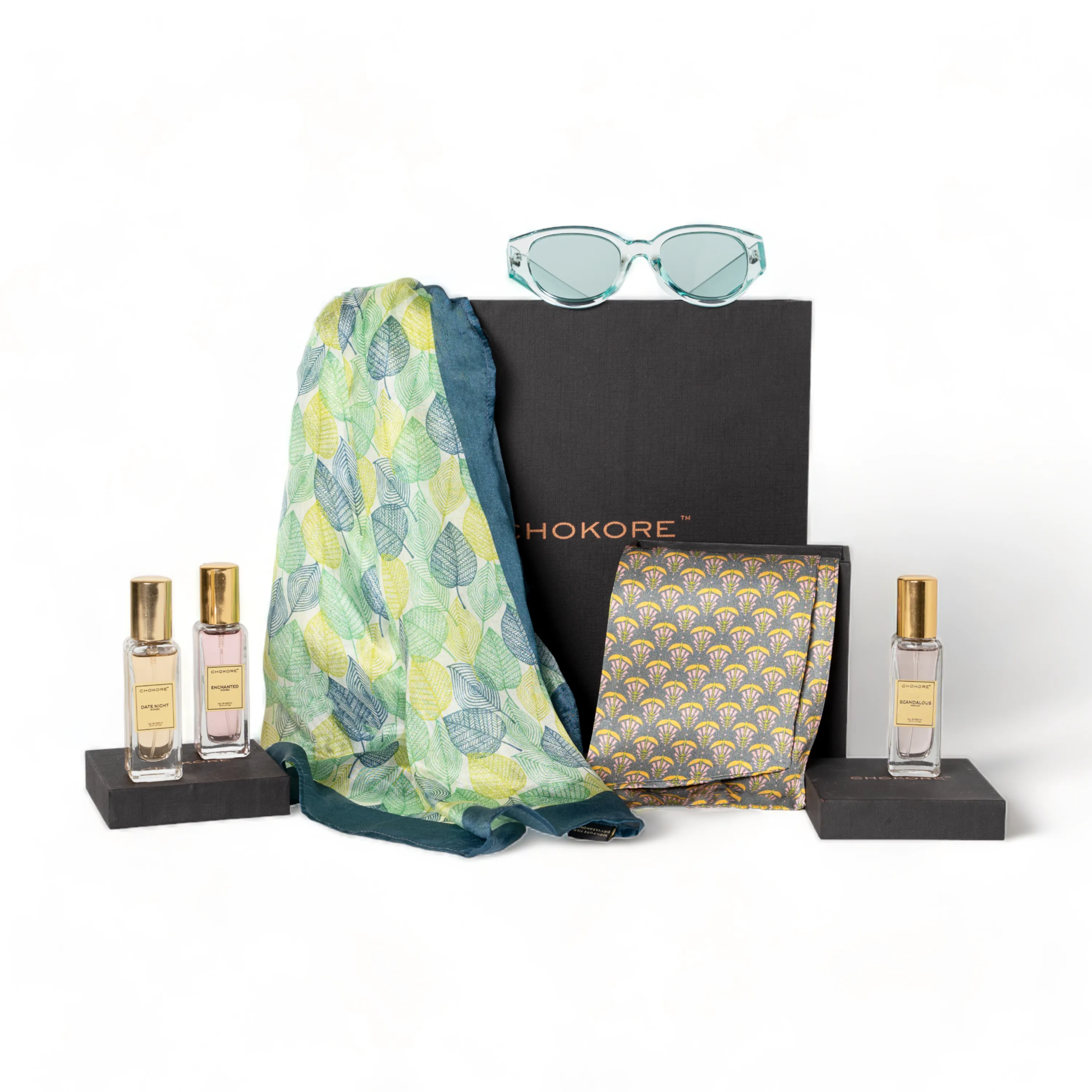 Chokore Special 4-in-1 Gift Set for Her (Silk Stole, Scarf, Sunglasses, & Perfumes Combo)