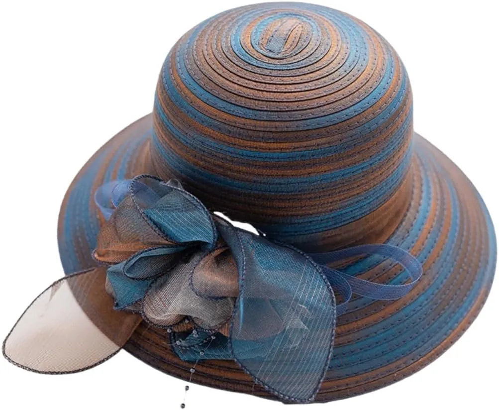 Church Sun Hat Wide Brim Straw Bucket Cap Kentucky-Organza-Derby-Hat Women Tea Party Fascinators Cap with Flower