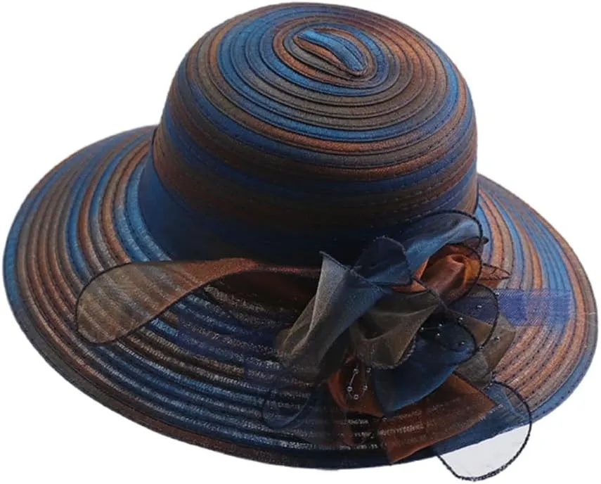 Church Sun Hat Wide Brim Straw Bucket Cap Kentucky-Organza-Derby-Hat Women Tea Party Fascinators Cap with Flower