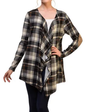 [Clearance] Womens Plaid Print with Suede Elbow Patch Open Cardigan