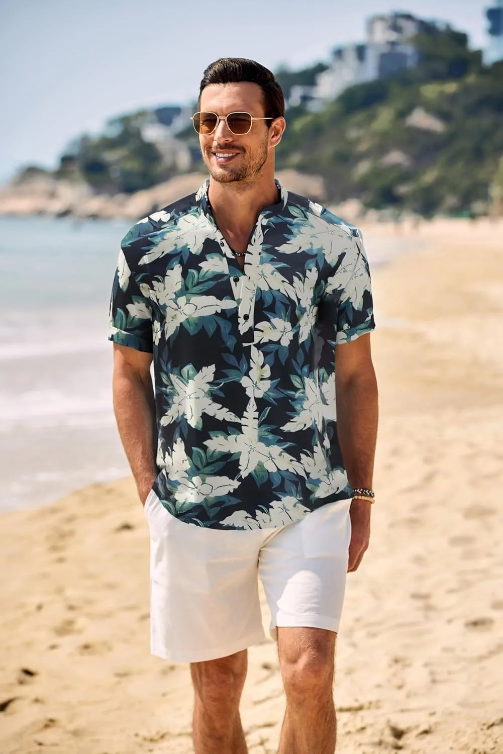 COOFANDY Men's Casual Henley Shirt Band Collar Short Sleeve Shirt Summer Beach Hippie Shirt