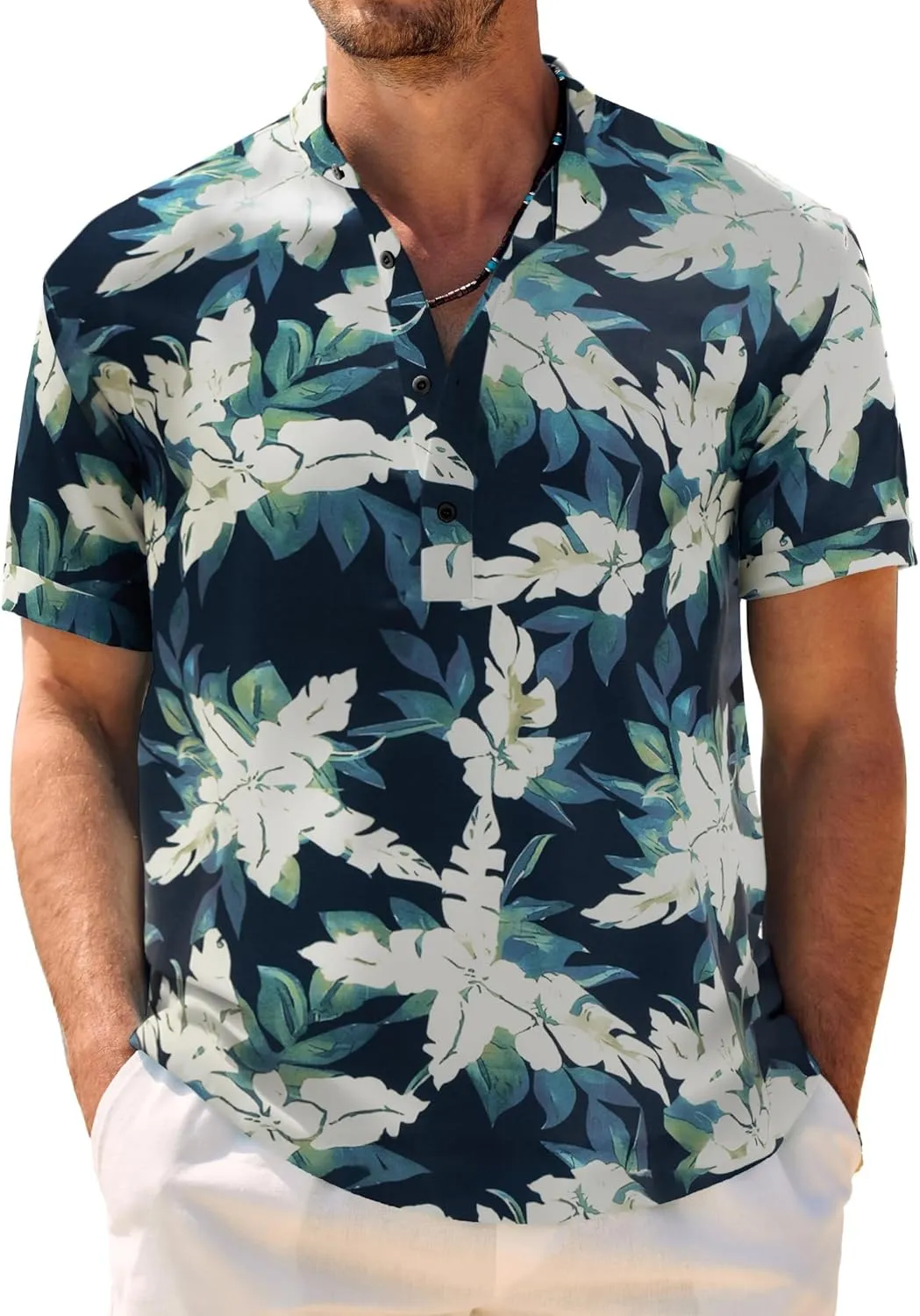 COOFANDY Men's Casual Henley Shirt Band Collar Short Sleeve Shirt Summer Beach Hippie Shirt