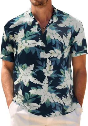 COOFANDY Men's Casual Henley Shirt Band Collar Short Sleeve Shirt Summer Beach Hippie Shirt