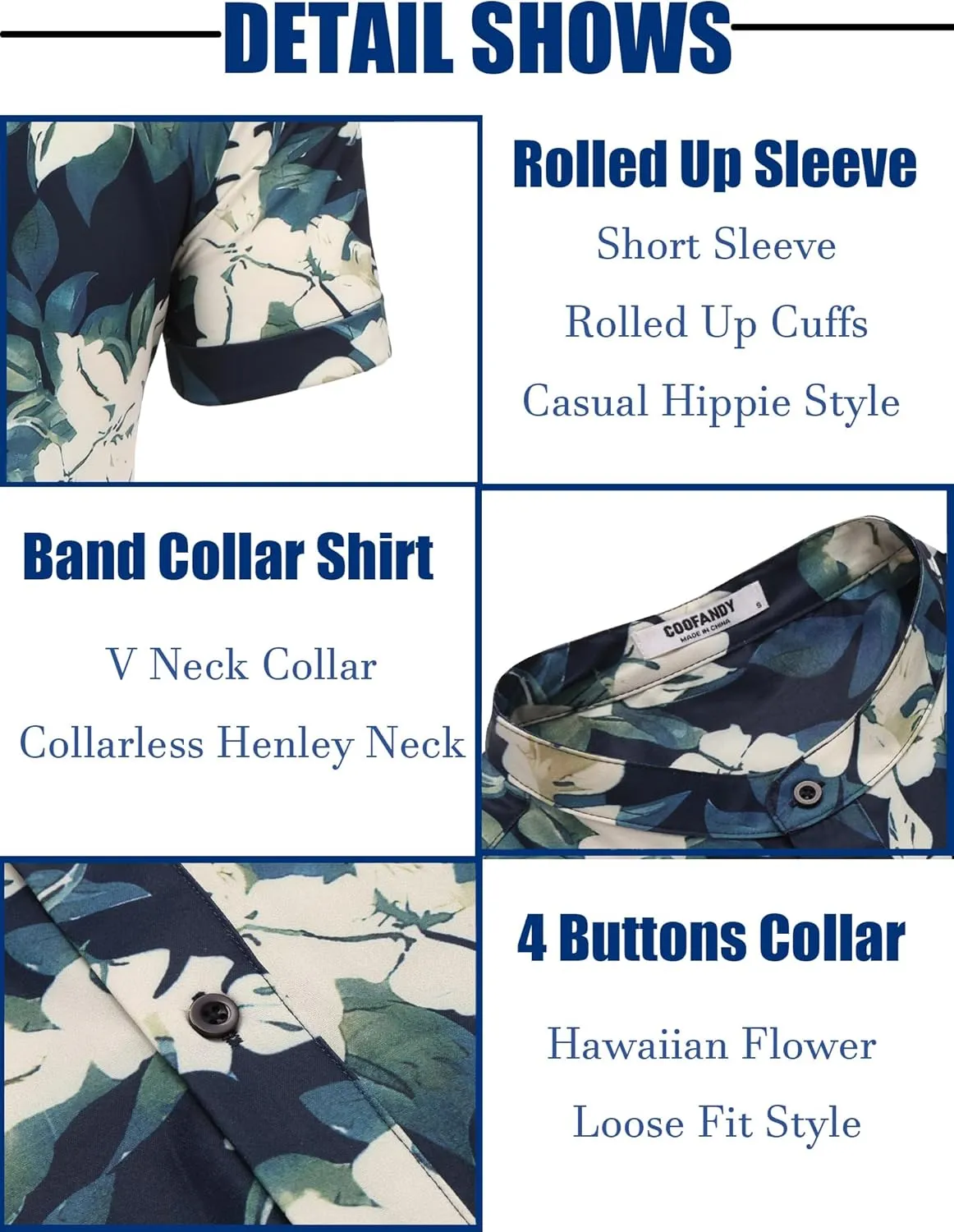 COOFANDY Men's Casual Henley Shirt Band Collar Short Sleeve Shirt Summer Beach Hippie Shirt