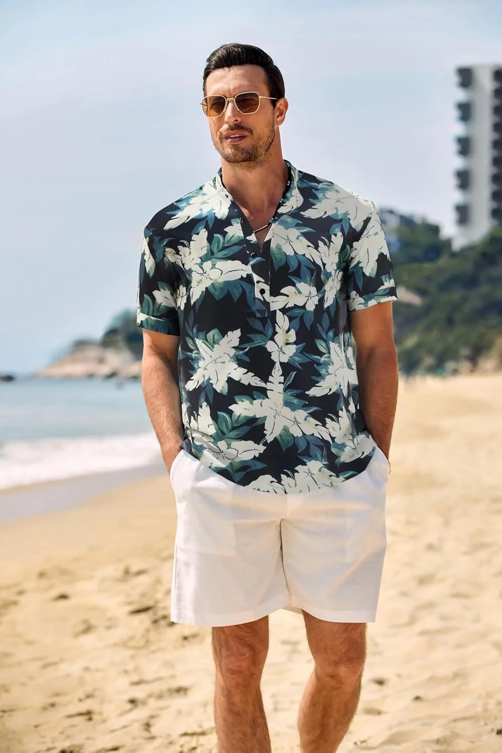 COOFANDY Men's Casual Henley Shirt Band Collar Short Sleeve Shirt Summer Beach Hippie Shirt