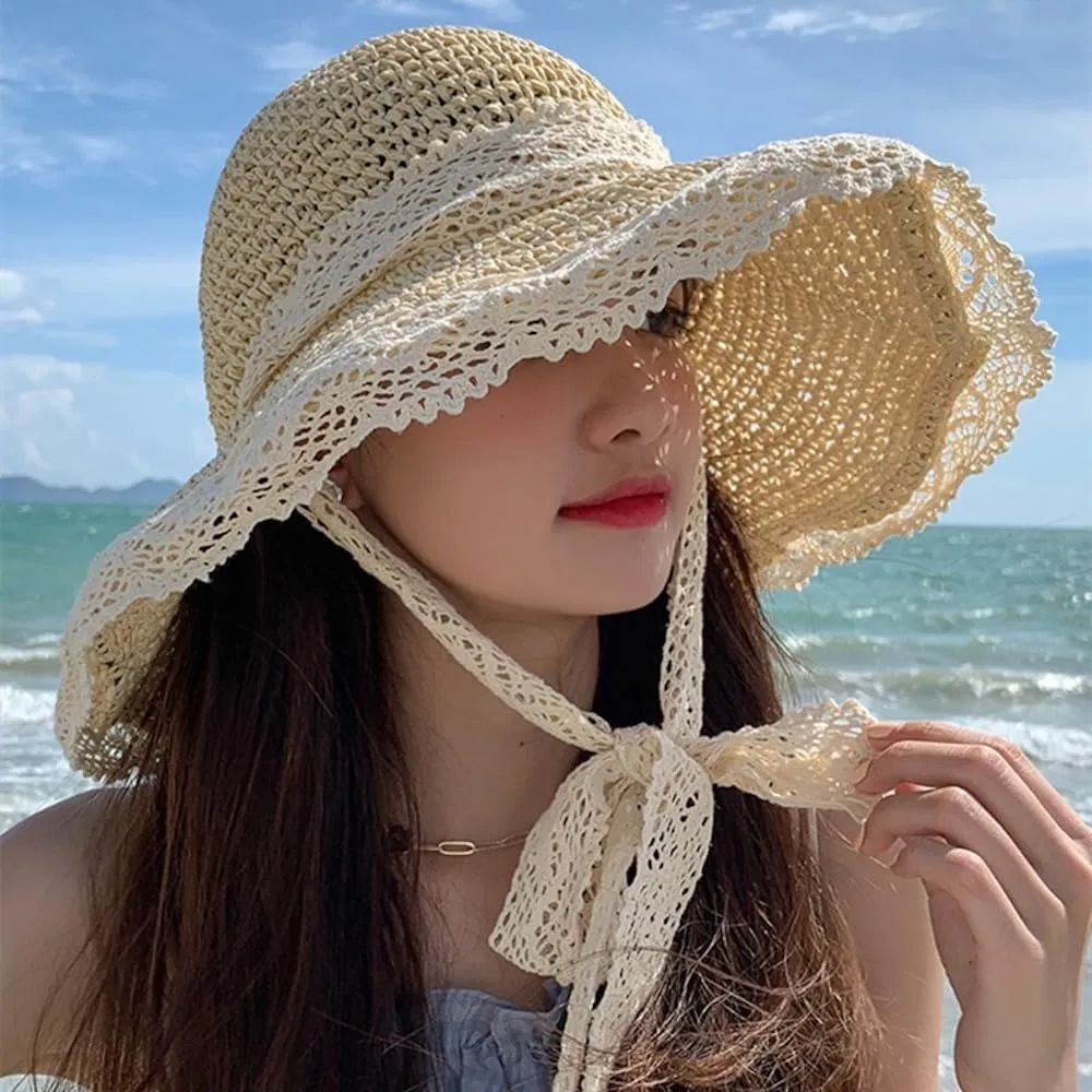 Coquette Floppy Beach Hats for Women Elegant Lace Bow Strap Sun Hat Wide Brim Straw Hat Lightweight Foldable UV Protection