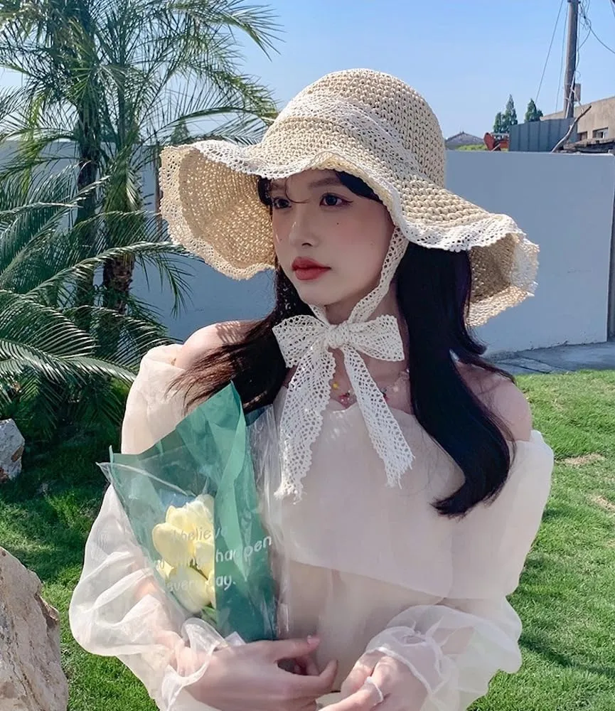 Coquette Floppy Beach Hats for Women Elegant Lace Bow Strap Sun Hat Wide Brim Straw Hat Lightweight Foldable UV Protection