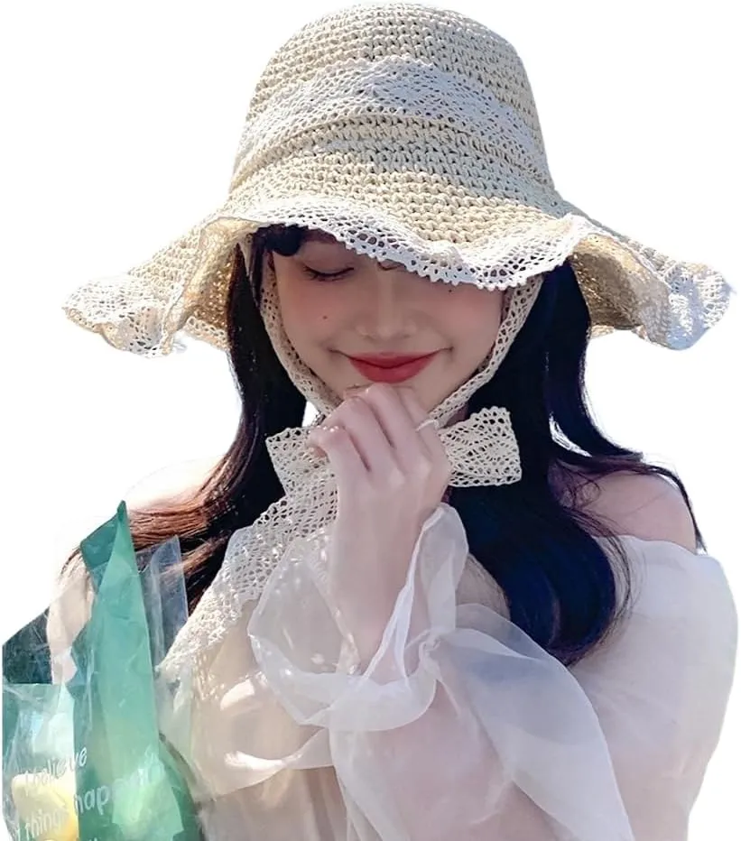Coquette Floppy Beach Hats for Women Elegant Lace Bow Strap Sun Hat Wide Brim Straw Hat Lightweight Foldable UV Protection