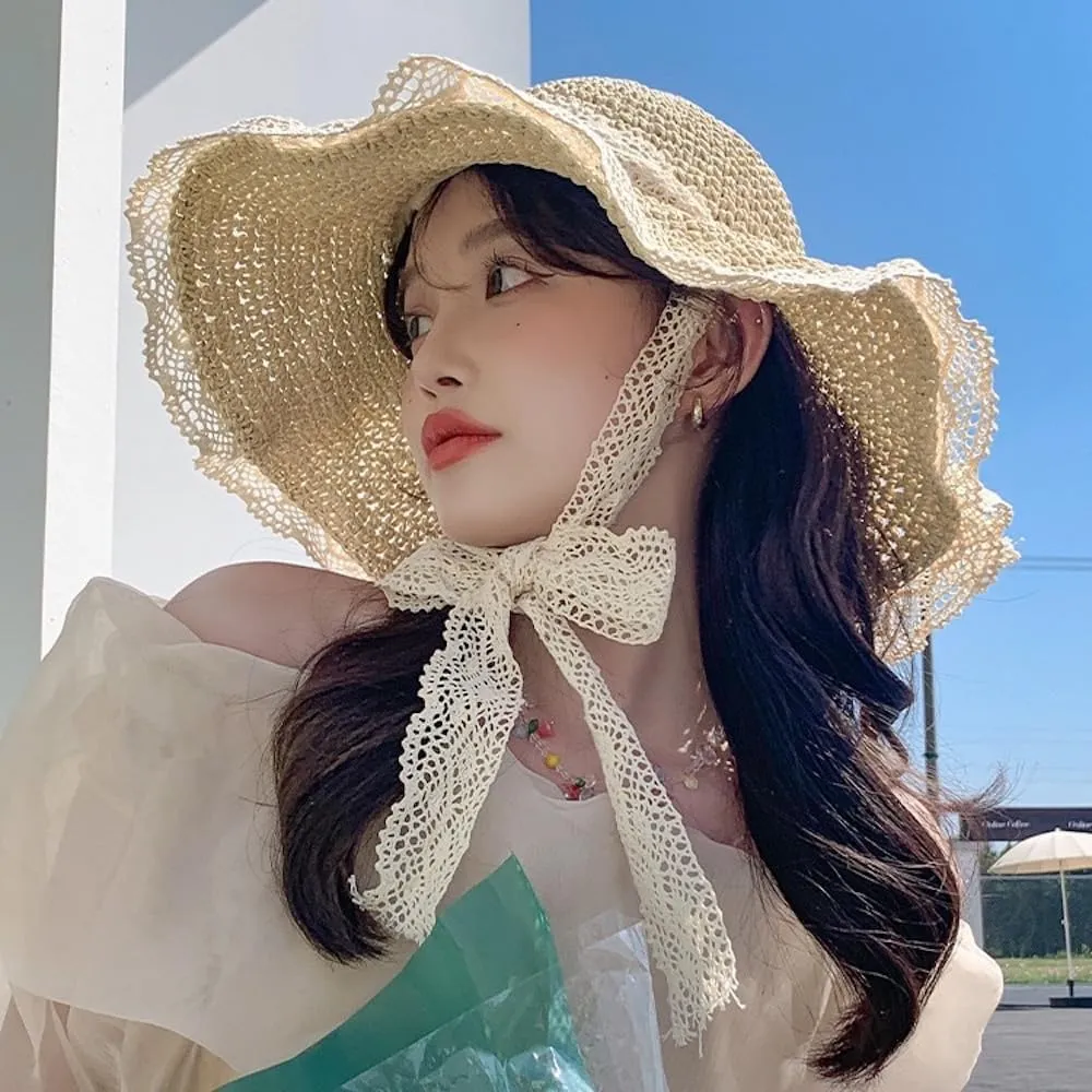 Coquette Floppy Beach Hats for Women Elegant Lace Bow Strap Sun Hat Wide Brim Straw Hat Lightweight Foldable UV Protection