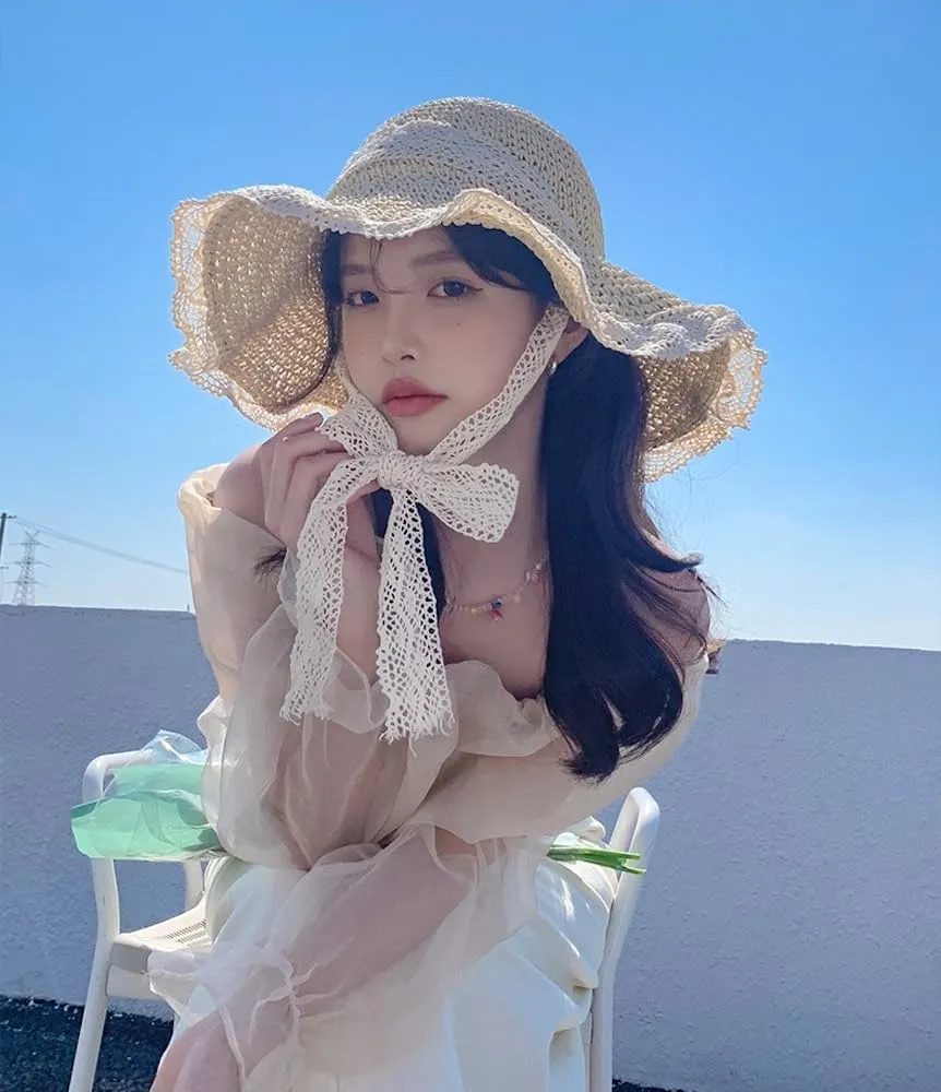 Coquette Floppy Beach Hats for Women Elegant Lace Bow Strap Sun Hat Wide Brim Straw Hat Lightweight Foldable UV Protection