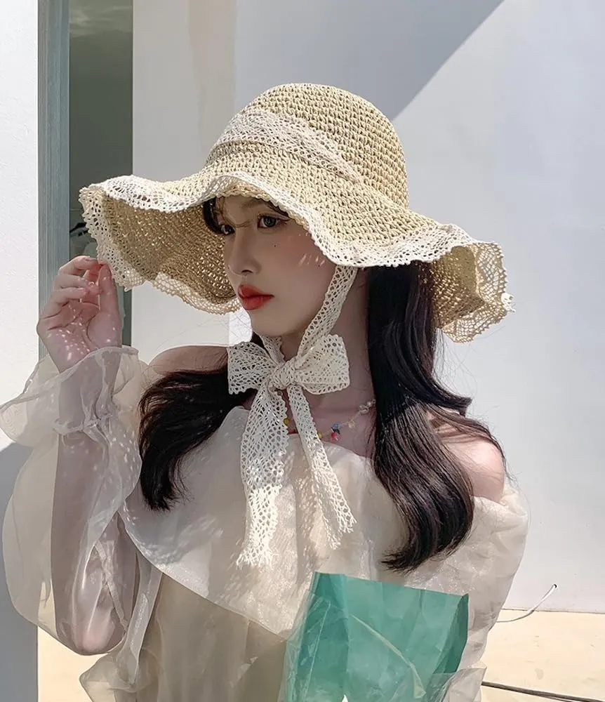Coquette Floppy Beach Hats for Women Elegant Lace Bow Strap Sun Hat Wide Brim Straw Hat Lightweight Foldable UV Protection