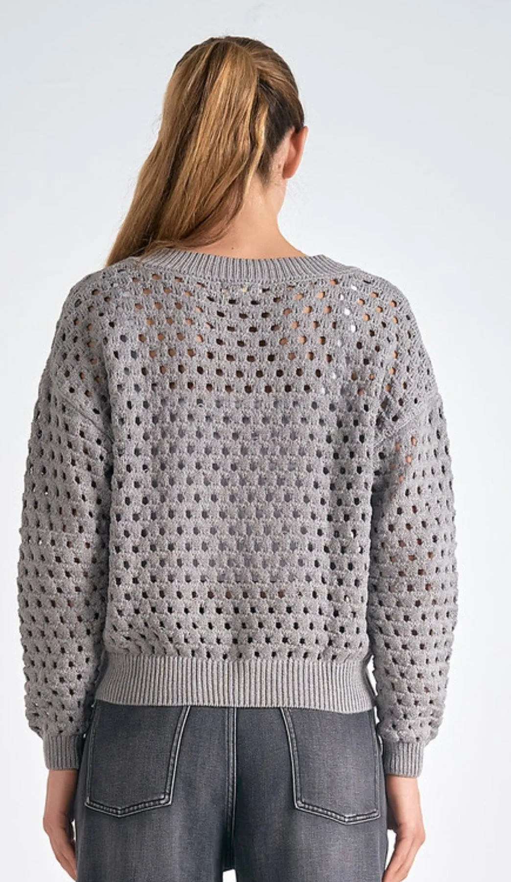 Elan Light Grey Open Weave Zip Front Cardigan Sweater