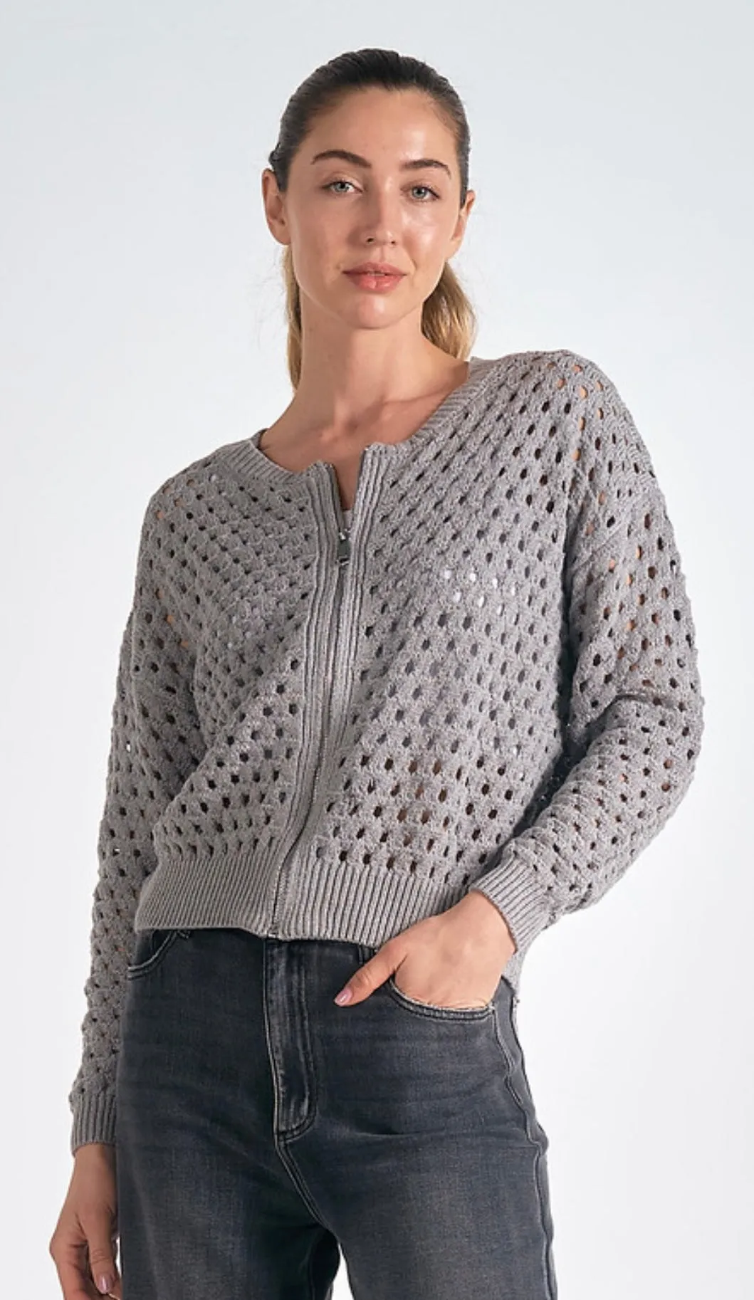 Elan Light Grey Open Weave Zip Front Cardigan Sweater