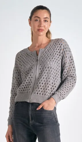 Elan Light Grey Open Weave Zip Front Cardigan Sweater