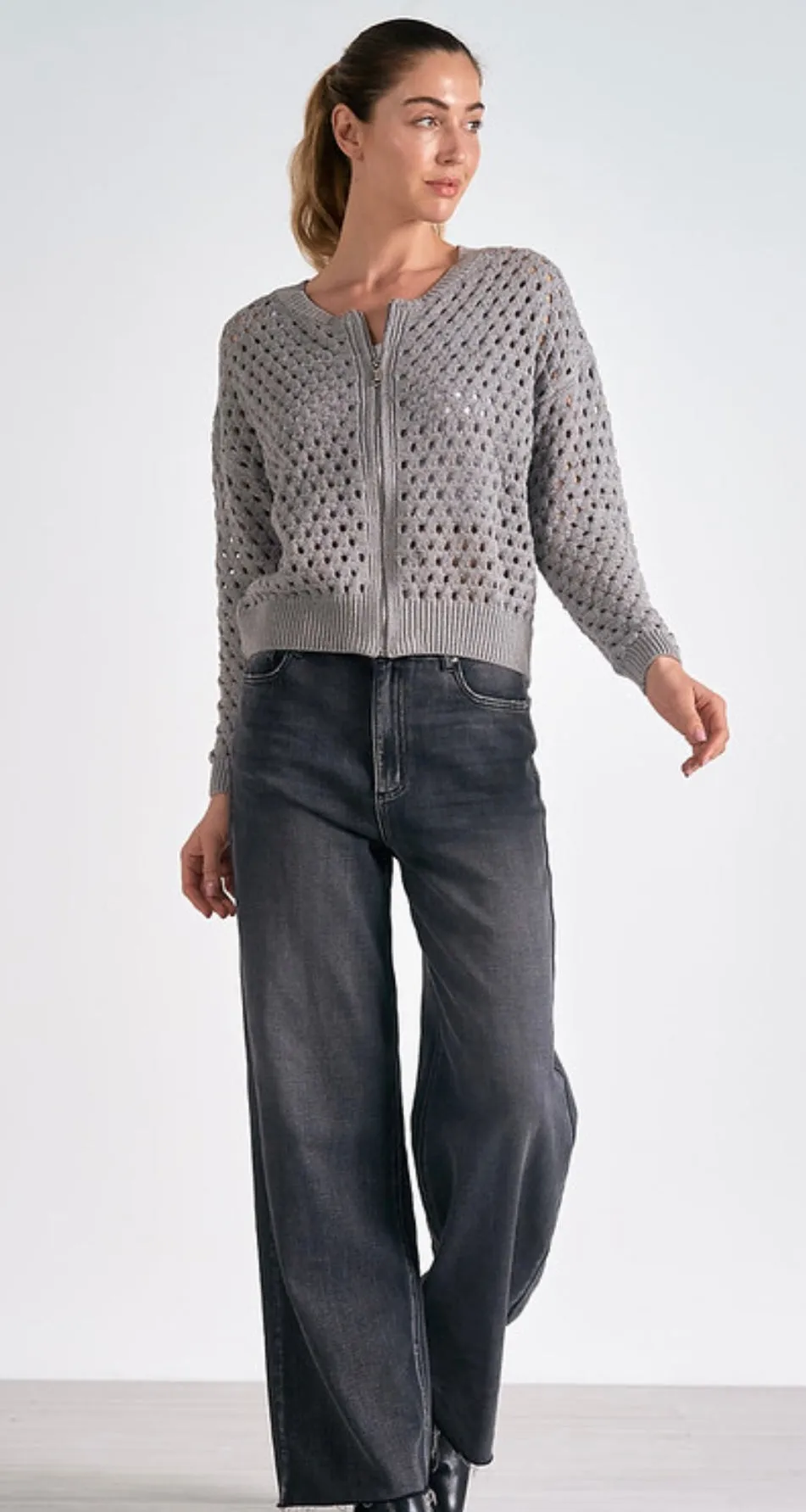 Elan Light Grey Open Weave Zip Front Cardigan Sweater