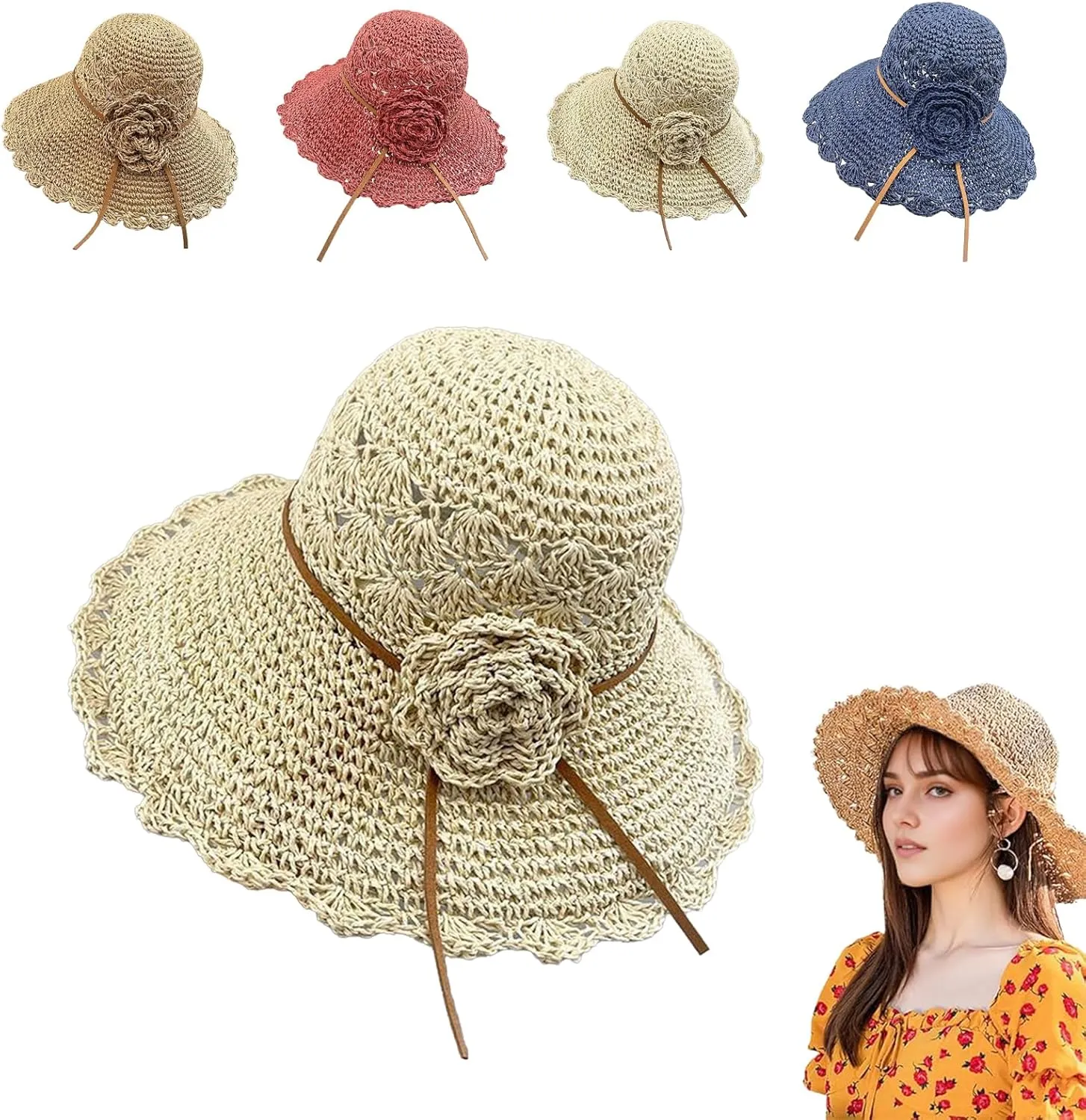 Elegant Crochet Straw Hat with Ruffle Detail, Crochet Ruffle Hats for Women, UV Protection Wide Brim Sun Hat
